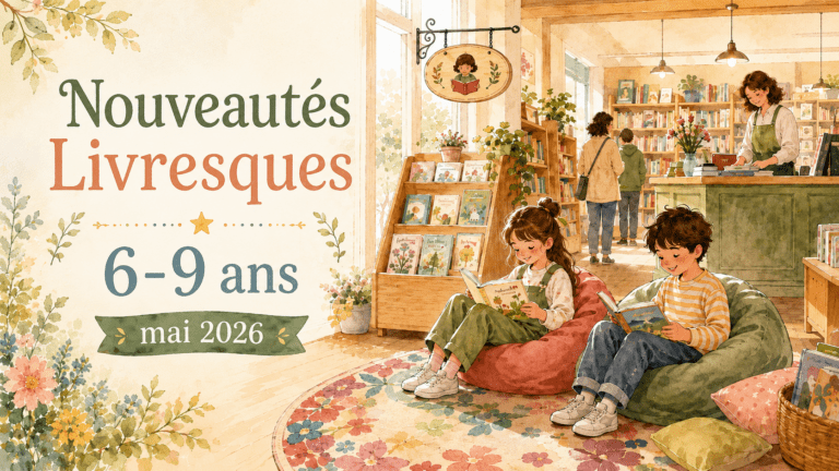 Coin lecture cosy avec une pile de nouveautés livres 6-9 ans de mai 2026