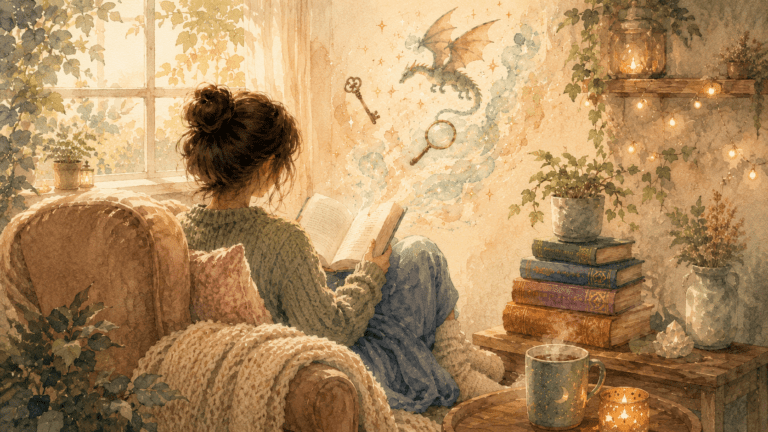 Sélection de livres pour ado qui n'aime pas lire, posés dans un coin lecture cosy aux tons pastel