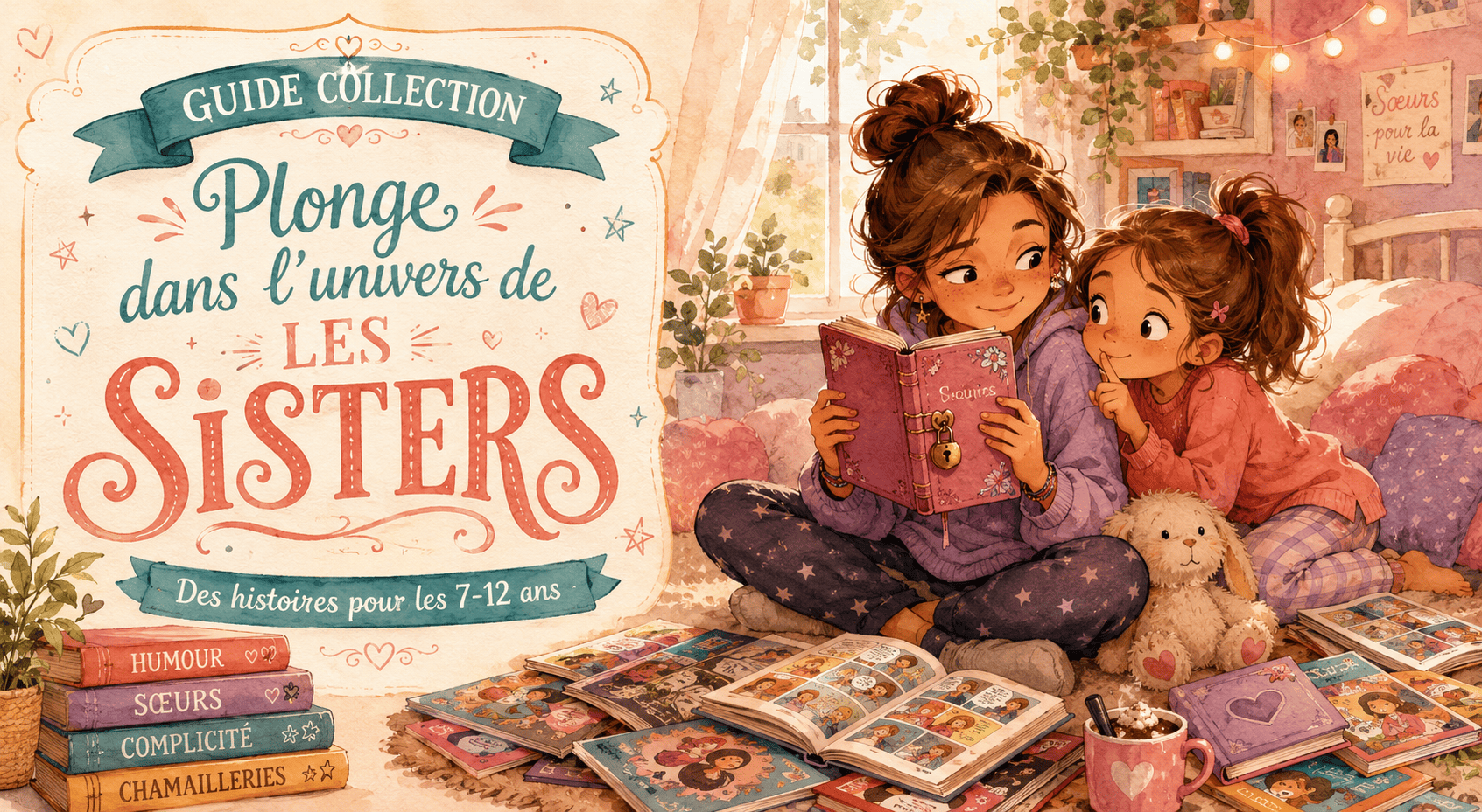 Bannière guide collection Les Sisters, deux sœurs lisant des BD, sélection pour enfants de 7 à 12 ans