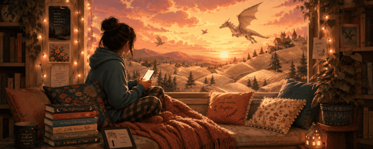 Ado lit exclusivement sur son téléphone près d'une fenêtre, univers de livres imaginaire, sélection 12 ans