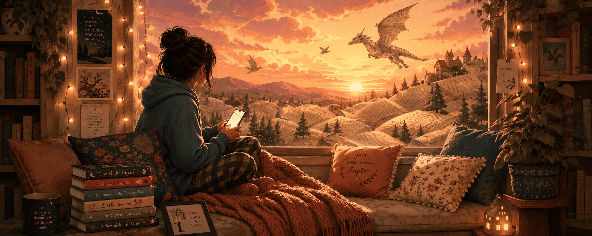 Ado lit exclusivement sur son téléphone près d'une fenêtre, univers de livres imaginaire, sélection 12 ans