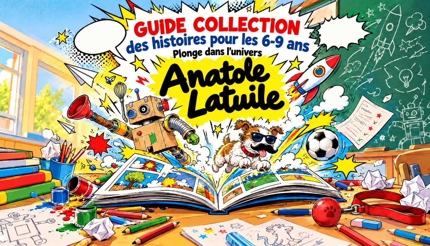 Anatole Latuile en classe, avec les couvertures de ses BD et romans